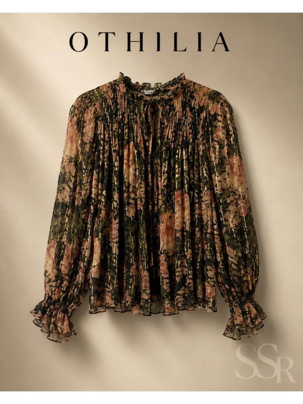 Othilia Silk Metallic Floral Blouse XS Sheer Pleated Tie Neck Long Romantic Boh